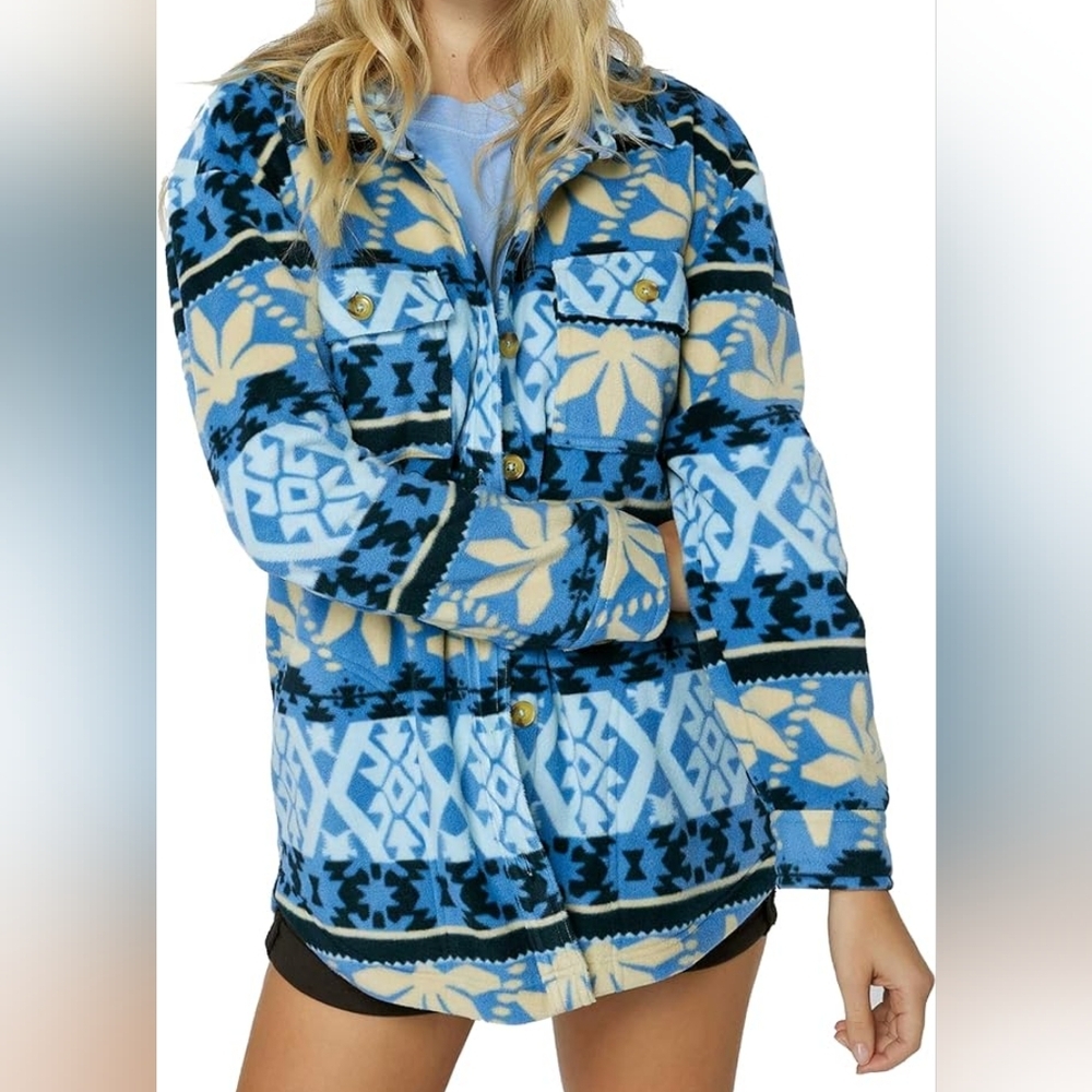 O'Neill Collins Oversized Super fleece Shacket‎ Blue Button Up Women's Small EUC